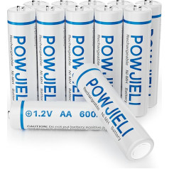 POWJIELI Ni-MH AA Rechargeable Batteries, Double A Solar Batteries, 600 mAh, 1.2 V, Pre-Charged for Garden, Landscaping, Outdoor Solar Lights, Fairy Lights, Path Lights (Pack of 12)
