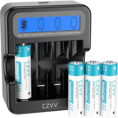czvv Rechargeable Batteries AA Lithium 1.5 V - High Capacity 3500 mWh - 1300 Charging Cycles - Pack of 4 Batteries with LCD Display Charger, 2 Hours Quick Charge, Low Self-Discharge (Black)