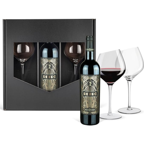 Geschenkset: Retro - Cabernet Sauvignon (0,75 l) mit 2 Wertmann-living Rotweingläsern im Geschenkkarton Schwarz