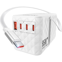 LENCENT Universal Travel Adapter 85 W Fast Charge, International Travel Plug with Retractable USB-C Cable for Type A/C/G/I (UK, EU, AU, US) Sockets, 1 USB-A & 3 Type-C Fast Charging, White