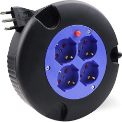 EXTRASTAR Extension Cable with Cable Reel, 5 m, 4 Multi-Purpose Sockets (Schuko + 10/16 A), Plug 16 A, Cable Cross Section 3G 1.0 mm²