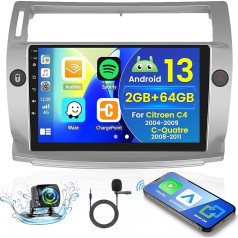 2+64GB Android 13 Car Radio for Citroen C4 2004-2009/C-Quatre 2008-2011 Radio Wireless Carplay Android Car, 9 Inch IPS Touch Screen with Rear View Camera, Bluetooth, Navi, WiFi, DSP, EQ, Mirror Link