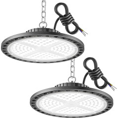 YIQIBRO LED Hall Spotlight Garage Lighting 100 W 2 Pieces - 10000 LM LED UFO Hall Lighting with 11.8 Inch Metal Chain, Driver, 6500 K IP65 Workshop Ceiling Light for Warehouse Factories