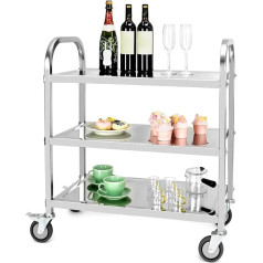 QWORK® 3-Tier Stainless Steel Serving Trolley Tea Trolley Cleaning Trolley with Low Vibration Brake Castors for Kitchen, Hotel, Restaurant (75 x 40 x 83.5 cm)