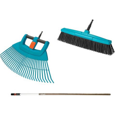 Gardena combisystem Lawn and Cleaning Set: Set Consisting of Fan Broom XXL, Street Broom and Wooden Handle, for Sweeping Leaves and Garden Waste as well as for Cleaning Paths (17356-60)
