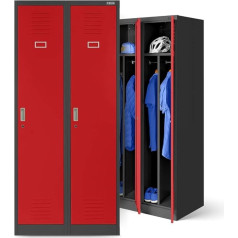 Jan Nowak Locker Cabinet, Metal Wardrobe, Wardrobe, Locker Cabinet, 2 Compartments with Clothes Rail, Dividers, Air Vents, 4 Coat Hooks per Compartment, 180 cm x 80 cm x 50 cm, Anthracite/Red