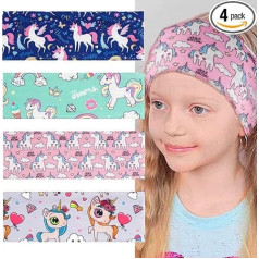 RYMAUP® Pack of 4 Girls' Unicorn Headbands, Elastic, Wide Hair Band, Skin-Friendly Fabric, Children 5-15 Years, Versatile Headband, Suitable for Makeup, Fitness