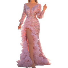 FASLOLSDP Women's Sexy Mesh Train Sequins Split Pink Evening Dress Cloth Clip