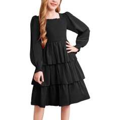 Arshiner Dresses Girls Tiered Long Sleeve Dress Kids Smocked Party Dress Holiday Dresses Prom Dress Evening Dress Christmas Dress with Lantern Sleeves 6-13 Years