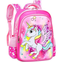 Newtic Children's Backpack Girls and Boys, Unicorn Backpack, School Backpack Unicorn, Cartoon Print School Bag, with Chest Strap and Compartments, Waterproof Backpack Pink, Leisure Backpack for