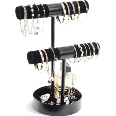 ProCase 2 Tier T-Shape Velvet & Metal Bracelet Holder Stand Jewellery Holder Bracelet Storage with Metal Base for Bangles Bracelets Hair Clips Watches – Black