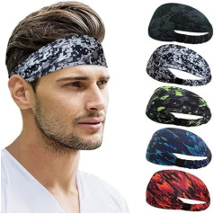Beister Pack of 5 Sports Headbands for Men and Women, Double Sided Moisture-Wicking Workout, Sweatband, Non-Slip, Highly Stretchy Headband for Yoga, Running, Cycling, Basketball