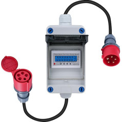3 Phase Mobile Digital Electricity Meter 16A 400V Mobile Meter CEE Plug 3 Phase Mobile Digital Meter 5 x 2.5 mm² with Reset 2 m Cable IP44 Socket Adapter Counter (H07RN-F HR-03X)