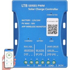 DERUXI 20A 12V/24V PV50V Bluetooth Solar Charge Controller Solar Panel Charger PWM Intelligent Solar Charge Controller USB Port, Lead Acid, LiFePO4, Lithium Battery