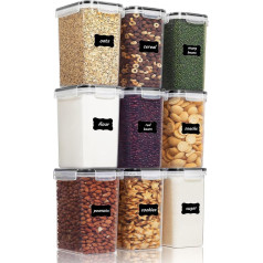 Vtopmart Storage Containers Set 2 L, for Cereal and Fresh Food, BPA-Free Plastic, Airtight, Dry Food Container Set of 9, 24 Labels for Cereal, Flour, Sugar, etc. (Black)