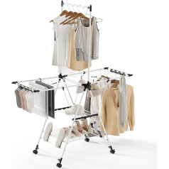 SYKIARIOL Clothes Airer with High Hanging Hangers, 2 Levels Foldable Wing Clothes Dryer for Space Saving Storage, Foldable Clothes Airer with Height-Adjustable Gullwings