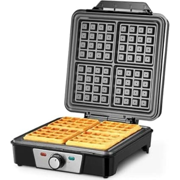 Waffle Iron for 4 Belgian Waffles, 1200 W Electric Waffle Iron with Non-Stick Plates, Adjustable Temperature and Easy Cleaning, Stainless Steel