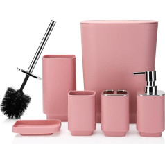 JOTOM 6 Piece Bathroom Accessories Set, Luxury Plastic Bathroom Accessories Set, Trash Can, Toilet Brush, Toothbrush Holder, Tumbler, Soap Dish, Soap Dispenser, Bath Set, Gift (Pink)