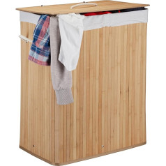 Relaxdays Lidded Bamboo Laundry Hamper, 100 L, Clothes Container, 2 Compartments, Folding, Rectangular Basket, Bathroom, Natural, H x W x D: app. 63 x 52 x 33 cm