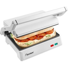 Bestron APM124W APM124W Electric Contact Grill with Crumb Tray, Sandwich Maker with Cool Touch Handle and 180° Opening, Panini Maker with Non-Stick Coating