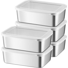 Pack of 5 Food Storage Containers with Lids: 1100 ml Stainless Steel Food Storage Containers, Reusable Freezer Containers, Storage Containers, Kitchen Storage Boxes, for Cheese, Fruit, Salads, Sweets
