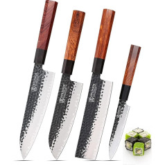 WILDMOK 4 Piece Kitchen Knife Set Chef's Knives Santoku Knife Nakiri Knife Utility Knife - 3-Ply 9CR18MOV Alloy Steel Blade with Octagonal Handle