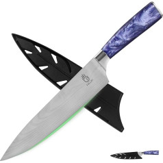 FULLHI Chef's Knife, Multi-Colour 8 Inch Japanese Knife with Protection, Premium German Stainless Steel Kitchen Knife with Sheath (Purple Resin)