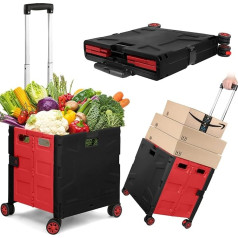 Shopping Cart for Household and Kitchen, Convenient, Portable, Durable, Shopping Bags, Baskets and Trolley, Adjustable Telescopic Handle with Hidden Lid, with 4 Swivel Wheels (Black/Red)