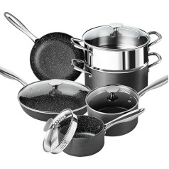 Michelangelo Saucepan Set 10 Pieces with Lid and Suitable for Induction Cookers, Dishwasher Safe, Hard Anodised Pots and Pans with Strainer Lid and Steamer
