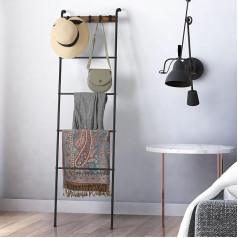 Freestanding Towel Ladder, Towel Rack with 5 Levels Metal Ladder Shelf Towel Holder with 5 Hooks for Bath Towels Clothes Blankets Leaning Rack Clothes Rack for Bathroom Bedroom Black