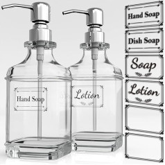 GLADPURE Soap Dispenser, 18 Ounce Antique Design Thick Glass Hand Soap Dispenser with 304 Stainless Steel Pump, 6 Clear Stickers, for Kitchen, Bathroom, 2 Pack
