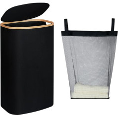 LOVSTORAGE Large Laundry Basket with Lid, 110 Litre High Laundry Box with Bamboo Handle and Inner Bag, Foldable Laundry Sorter Laundry Baskets for Bedroom, Bathroom, Black