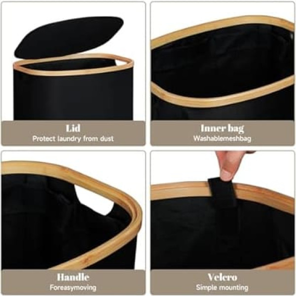 LOVSTORAGE Large Laundry Basket with Lid, 110 Litre High Laundry Box with Bamboo Handle and Inner Bag, Foldable Laundry Sorter Laundry Baskets for Bedroom, Bathroom, Black