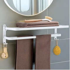 yozhch Bathroom Towel Rail with Hooks, Foldable Towel Rail, Wall Mounted, 2 Layers, White Towel Rail with Shelf, Nail-Free Adhesives/Drilling Installation, Aluminium (58 cm)