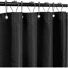 Curoayood Shower Curtain for Bathroom, Waffle Shower Curtain, Machine Washable, Lightweight Fabric, Woven Bathroom Curtain, Waterproof, 180 x 180 cm, Black with Stainless Steel Hooks