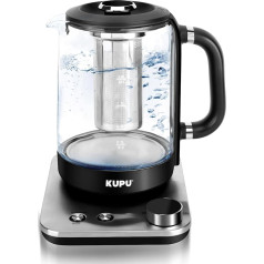KUPU Glass Kettle with Temperature Setting, 1.6 L Kettle, 2200 Watt Quick Heating, Glass Kettle with Boil-Dry Protection, Keep Warm Function, Auto-Off, Limescale Filter, 360° Base