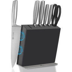 Kitchen Knife Set with Block, 7-Piece Chef's Knife Set with Magnetic Block Made of Black Rubberwood, Stainless Steel Knife Block Set with Hollow Handles and Choker, Dishwasher Safe, Space Saving
