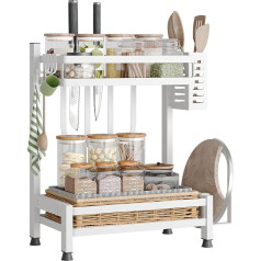 NETEL Multifunctional Standing Spice Rack, 2 Tiers, Rustproof Spice Rack, Spice Holder, Kitchen Shelf Organiser for Worktop Storage with Utensil Holder, Chopping Board Holder, Hook, White