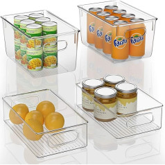 FINEW Set of 4 Stackable Fridge Organisers - 2 Large / 2 Medium, Storage Box for Freezers, Kitchen Worktops and Cabinets, Clear Plastic Pantry Food Storage, BPA Free