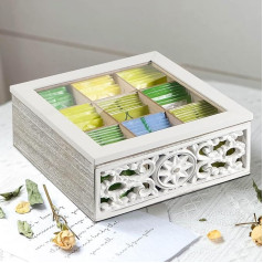 Vintage Tea Box - Wooden Tea Bag Storage Box - Tea Bag Box with Viewing Window - Tea Box 9 Compartments - Shabby White Tea Storage Tea Bag Dispenser - Gift for Her