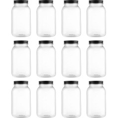 novelinks Clear Plastic Mason Jars with Lids Dishwasher Safe 32oz Plastic Jars with Lids for Kitchen Household (Pack of 12) (Black)