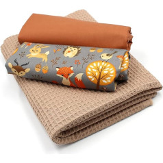 VmG-Store Waffle pique + cotton fabric set, colour-coordinated waffle fabric, 100% cotton, Tex Standard 100 (Forest Animals, Grey set01)