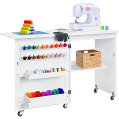 Best Choice Products Folding Sewing Table, Multi-Purpose Craft Station and Side Table with Wheels, Shelves, Bins, Clothes Pegs