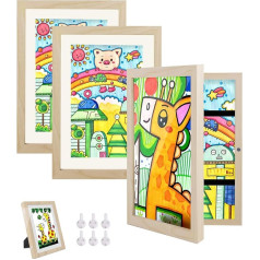 Hipsignal Children's Picture Frame, Pack of 3 A4 Fillba Picture Frames for Children with Front Opening for Hanging or Standing Children's Drawings (Wood)