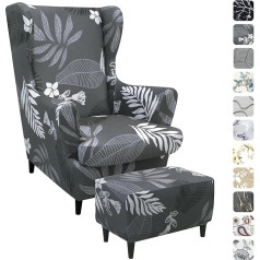 Alishomtll 3-Piece Wing Chair Cover with Ottoman Protective Cover Stretch Armchair Throws Elastic Armchair Cover Strandmon Tiger Chair Cover with Armrest High Backrest Universal (Grey Leaves)