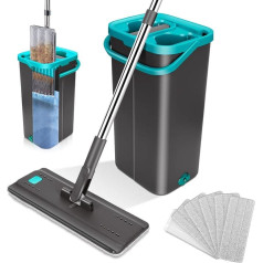 Mop with Bucket, Mop with Bucket, Bucket with Double Tub, Mop and Bucket with 6 Reusable Pads, 140 cm, Adjustable Stainless Steel Handle for Floor Cleaning