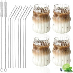 Nizirioo Set of 4 Coffee Glasses: 500 ml Glasses with Straws and Cleaning Brushes, Riffle Glasses, Dessert Glasses, Tea Glass, Ripple Coffee Cups, Juice Glasses for Whiskey, Beer, Cocktail, Iced