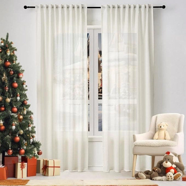 WOLTU Curtains with Ruffle Tape, Linen Look Curtain, Cream, Semi-Transparent Voile Linen Curtains, Set of 2, H 245 x W 135 cm, Window Curtains, Modern for Living Room, Bedroom