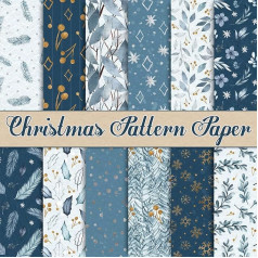 Pack of 24 Christmas Pattern Paper 30 x 30 cm Watercolour Winter Scrapbook Paper Double-Sided White Blue Snowflake Craft Paper for DIY Card Making Scrapbook Photo Album Decoration 12 Designs