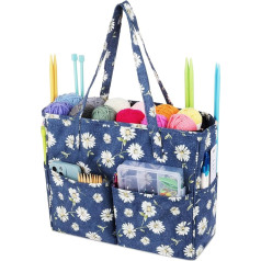 Aeelike Blue Daisy Knitting Bag for On the Go 35.5 x 30 x 12.5 cm, Portable Storage Bag for Wool, Crochet Hooks, Accessories, Knitting Needles Storage, Handmade Bag for Knitting, Crochet